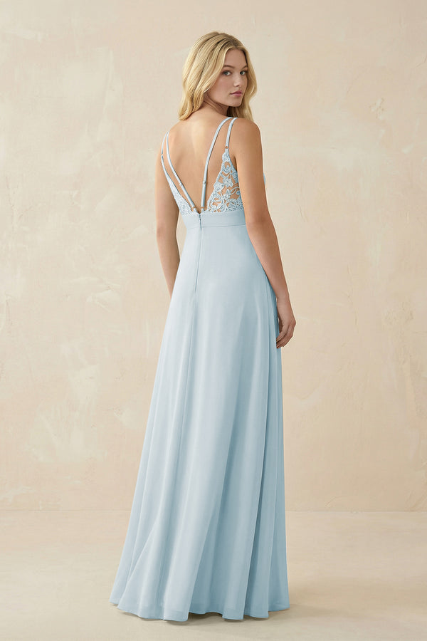 Sky Blue V-Neck Ruched Chiffon Bridesmaid Dress with Slit (2) | KISSBRIDAL