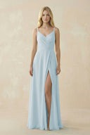 Sky Blue V-Neck Ruched Chiffon Bridesmaid Dress with Slit | KISSBRIDAL