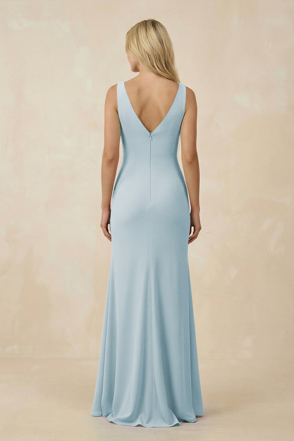 Sky Blue V-Neck Ruched Sheath Bridesmaid Dress with Slit (2) | KISSBRIDAL