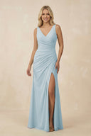 Sky Blue V-Neck Ruched Sheath Bridesmaid Dress with Slit | KISSBRIDAL