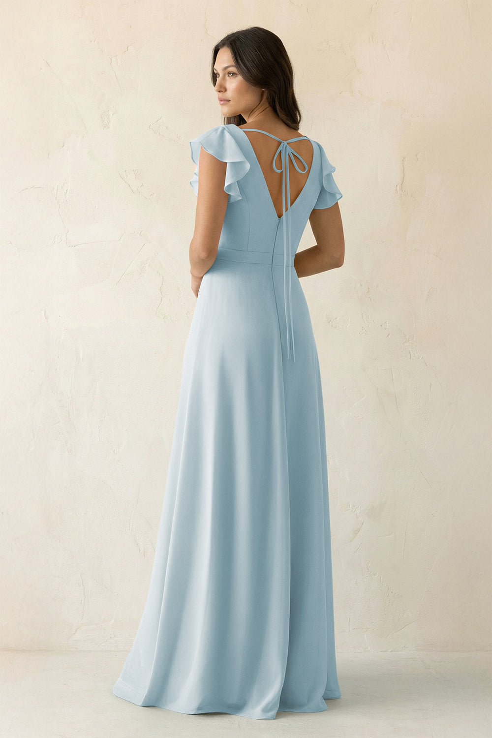 V-Neck Ruffled A-Line Chiffon Bridesmaid Dress in Sky Blue