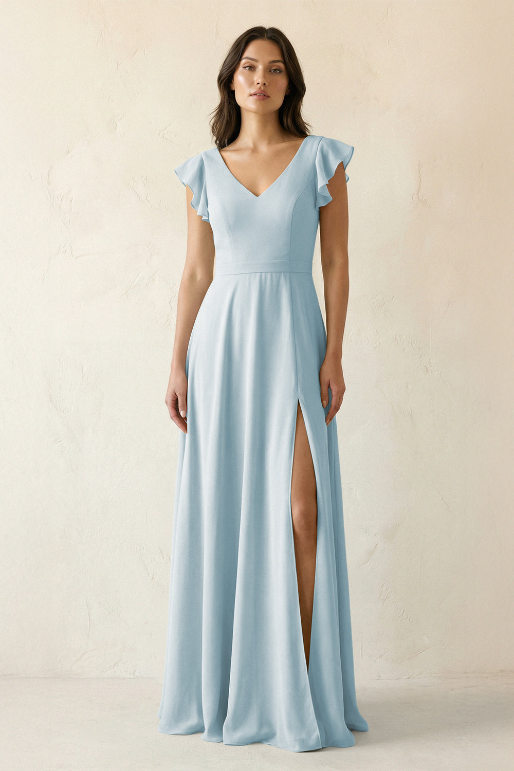 V-Neck Ruffled A-Line Chiffon Bridesmaid Dress in Sky Blue