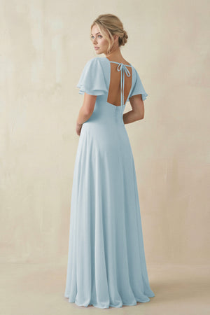 Sky Blue V-Neck Ruffled Short Sleeves A-Line Bridesmaid Dress (2) | KISSBRIDAL