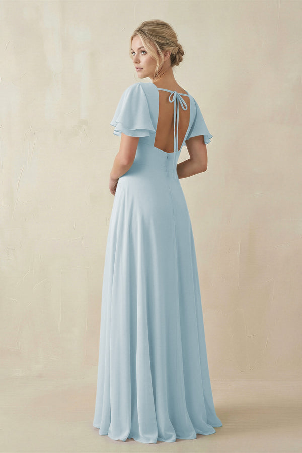 Sky Blue V-Neck Ruffled Short Sleeves A-Line Bridesmaid Dress (2) | KISSBRIDAL