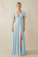 Sky Blue V-Neck Ruffled Short Sleeves A-Line Bridesmaid Dress | KISSBRIDAL