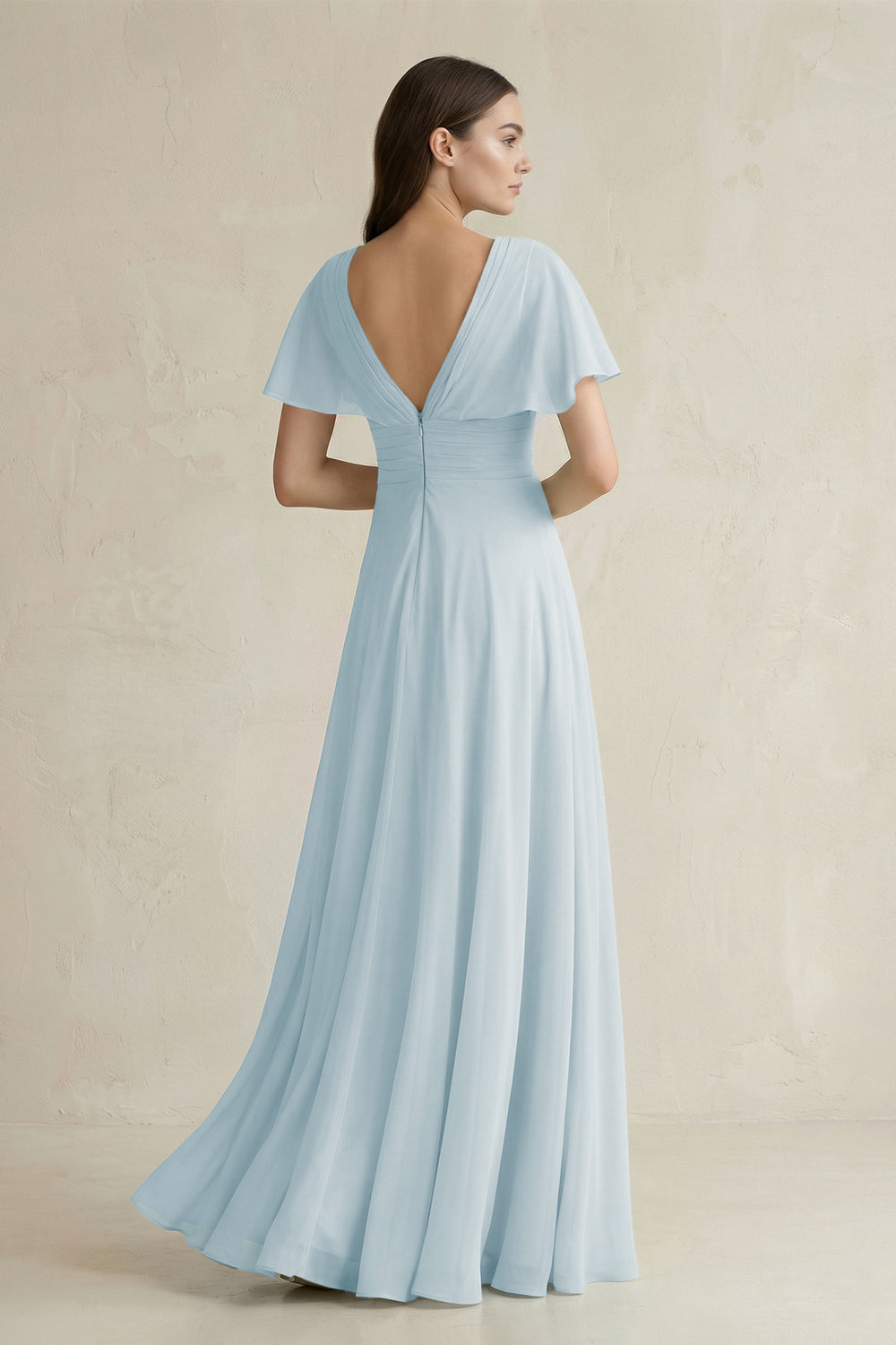 V-Neck Ruffled Sleeve A-Line Chiffon Bridesmaid Dress in Sky Blue