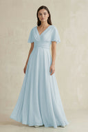 Sky Blue V-Neck Ruffled Sleeve A-Line Chiffon Bridesmaid Dress | KISSBRIDAL