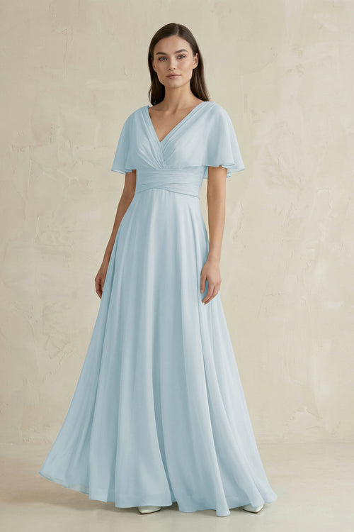 Sky Blue V-Neck Ruffled Sleeve A-Line Chiffon Bridesmaid Dress | KISSBRIDAL