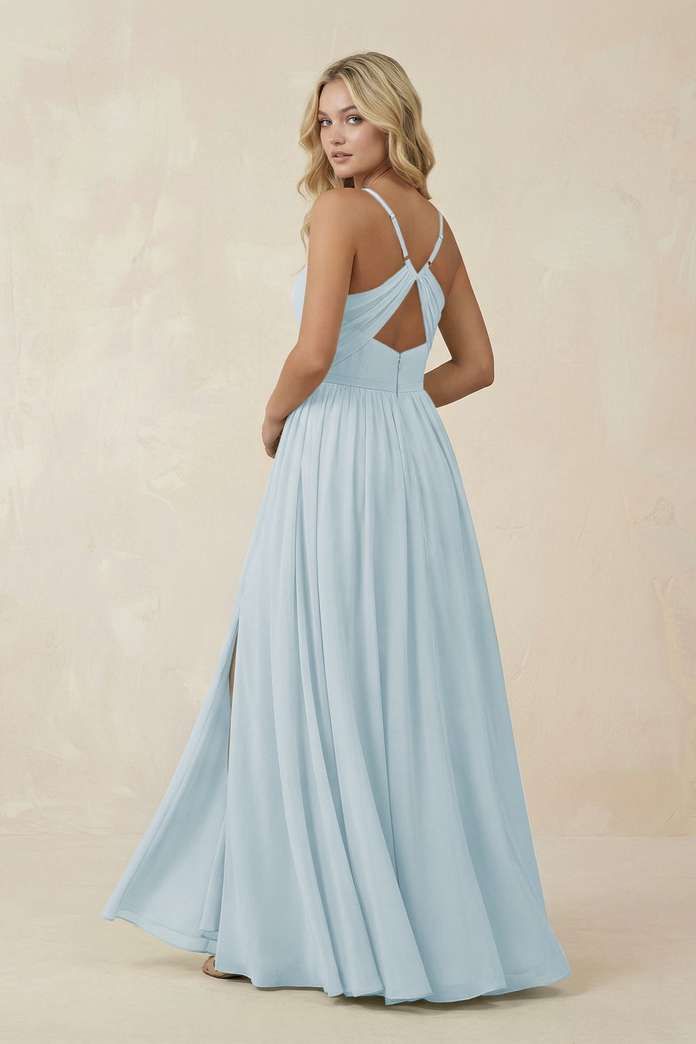 V-Neck Spaghetti Strap A-Line Chiffon Bridesmaid Dress in Sky Blue