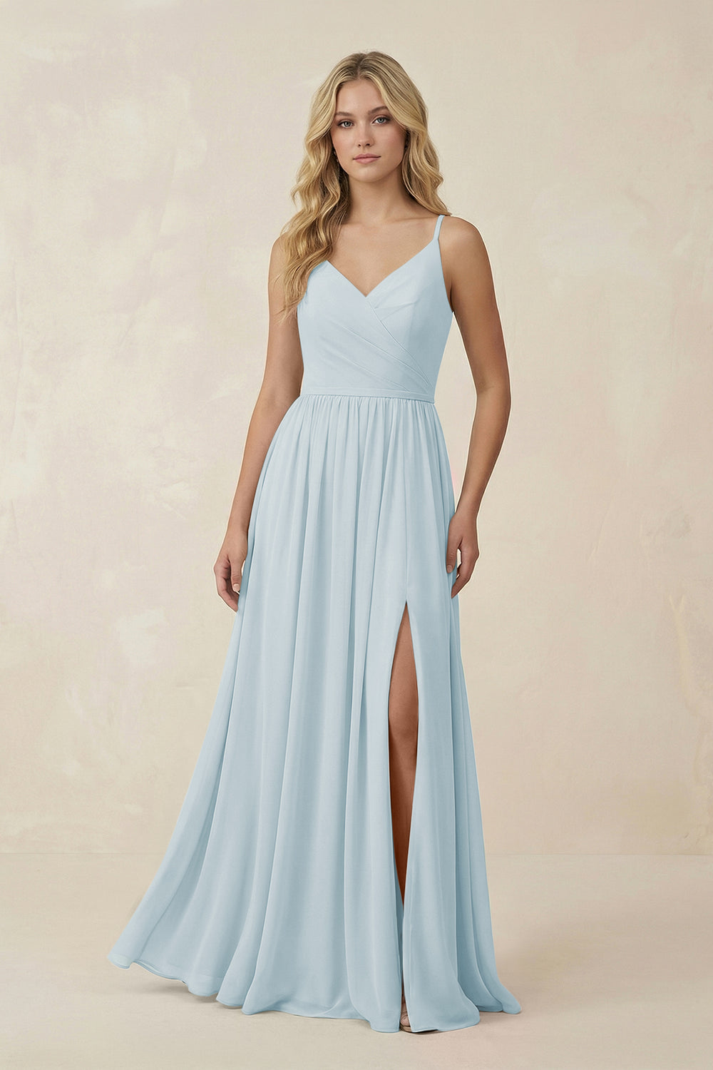 V-Neck Spaghetti Strap A-Line Chiffon Bridesmaid Dress in Sky Blue