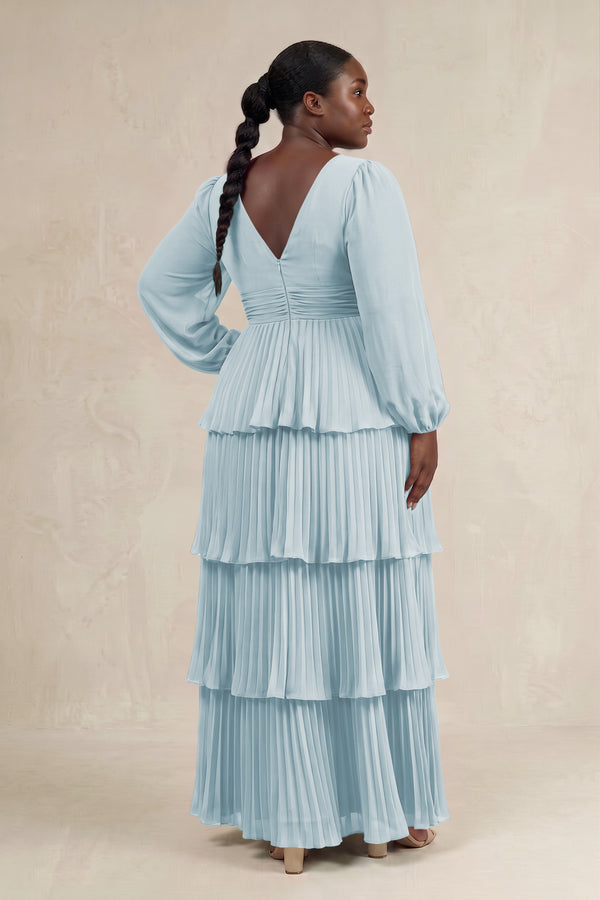 Sky Blue V-Neck Tiered A-Line Long Sleeve Bridesmaid Dress (2) [sizeplus] | KISSBRIDAL