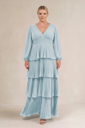 Sky Blue V-Neck Tiered A-Line Long Sleeve Bridesmaid Dress (3) [sizeplus] | KISSBRIDAL