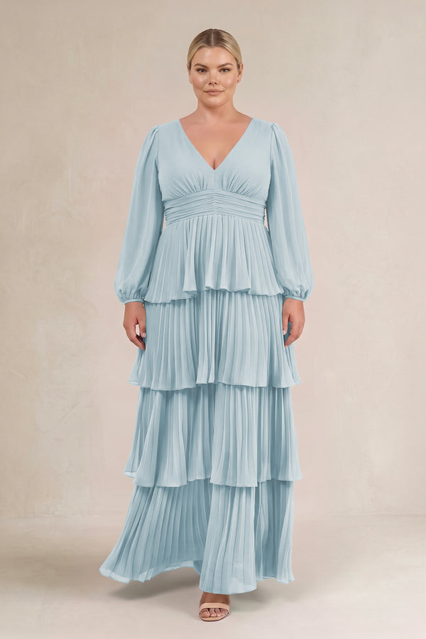 Sky Blue V-Neck Tiered A-Line Long Sleeve Bridesmaid Dress (3) [sizeplus] | KISSBRIDAL