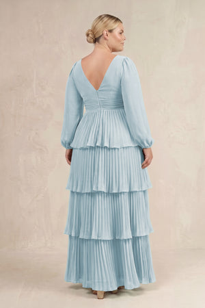 Sky Blue V-Neck Tiered A-Line Long Sleeve Bridesmaid Dress (4) [sizeplus] | KISSBRIDAL