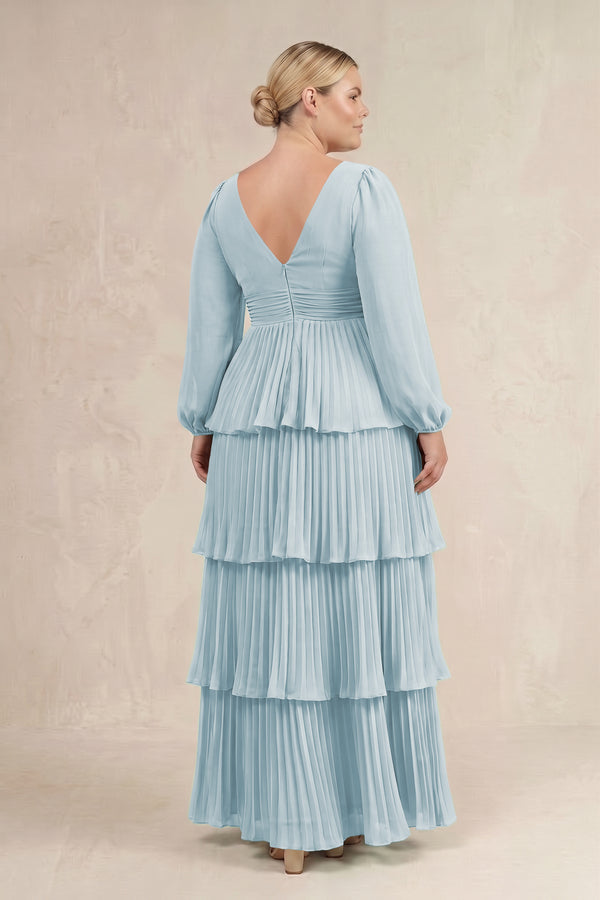 Sky Blue V-Neck Tiered A-Line Long Sleeve Bridesmaid Dress (4) [sizeplus] | KISSBRIDAL