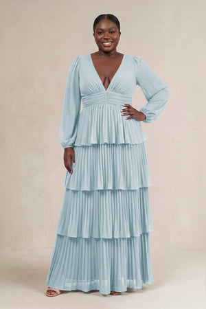 Sky Blue V-Neck Tiered A-Line Long Sleeve Bridesmaid Dress [sizeplus] | KISSBRIDAL