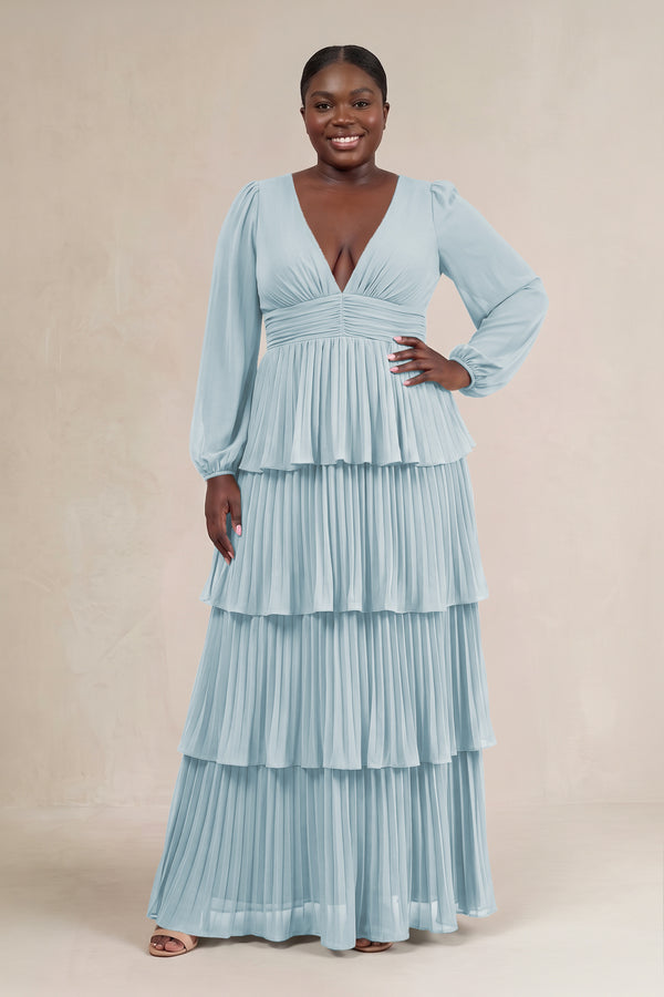Sky Blue V-Neck Tiered A-Line Long Sleeve Bridesmaid Dress [sizeplus] | KISSBRIDAL
