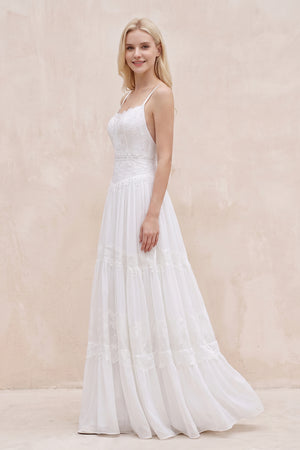 White Spaghetti Sleeveless Chiffon Beach Boho Wedding Dress - KISSBRIDAL