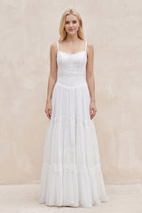 White Spaghetti Sleeveless Chiffon Beach Boho Wedding Dress - KISSBRIDAL