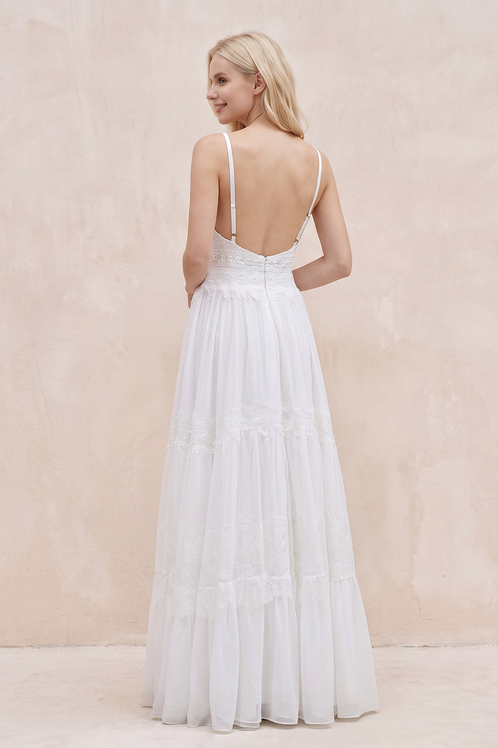 Spaghetti Straps Lace A-Line Ruffled Boho Wedding Dress in White
