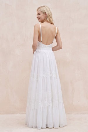 White Spaghetti Sleeveless Chiffon Beach Boho Wedding Dress - KISSBRIDAL