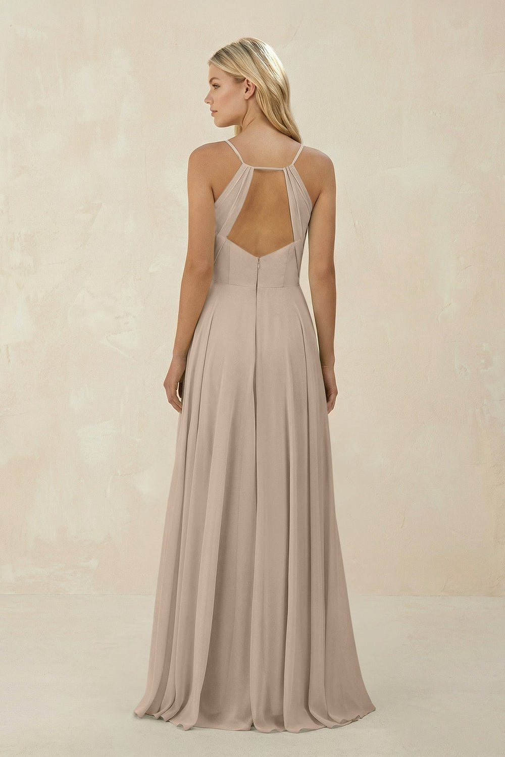 Spaghetti Strap A - Line Chiffon Bridesmaid Dress in Almond - KISS BRIDAL Bridesmaid Dresses