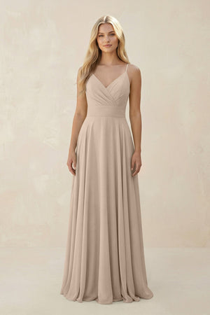 Spaghetti Strap A - Line Chiffon Bridesmaid Dress in Almond - KISS BRIDAL Bridesmaid Dresses