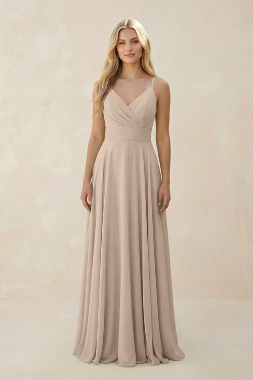 Spaghetti Strap A - Line Chiffon Bridesmaid Dress in Almond - KISS BRIDAL Bridesmaid Dresses