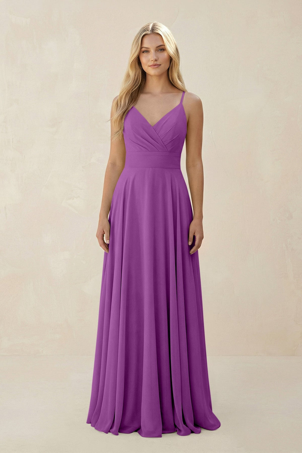Spaghetti Strap A - Line Chiffon Bridesmaid Dress in Amethyst - KISS BRIDAL Bridesmaid Dresses