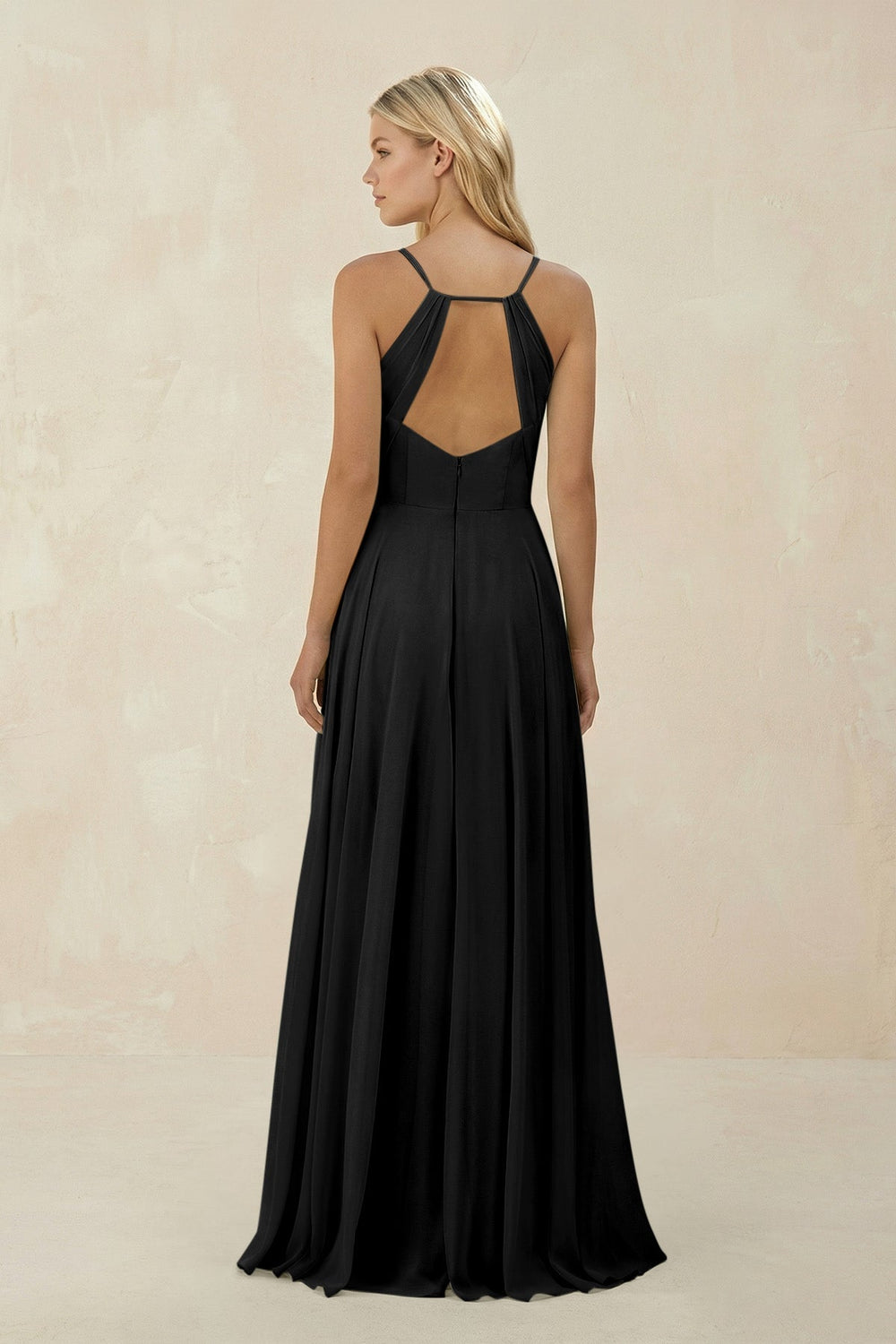Spaghetti Strap A - Line Chiffon Bridesmaid Dress in Black - KISS BRIDAL Bridesmaid Dresses