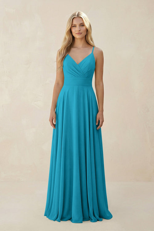 Spaghetti Strap A - Line Chiffon Bridesmaid Dress in Blue Jay - KISS BRIDAL Bridesmaid Dresses