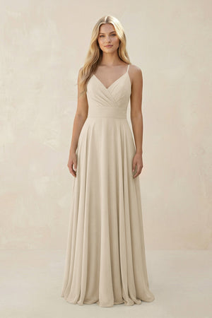 Spaghetti Strap A - Line Chiffon Bridesmaid Dress in Champagne - KISS BRIDAL Bridesmaid Dresses