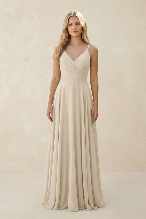 Spaghetti Strap A - Line Chiffon Bridesmaid Dress in Champagne - KISS BRIDAL Bridesmaid Dresses