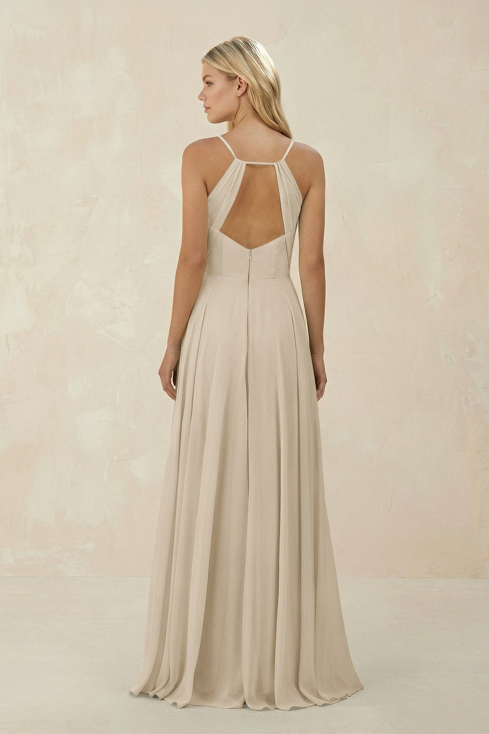 Spaghetti Strap A - Line Chiffon Bridesmaid Dress in Champagne - KISS BRIDAL Bridesmaid Dresses