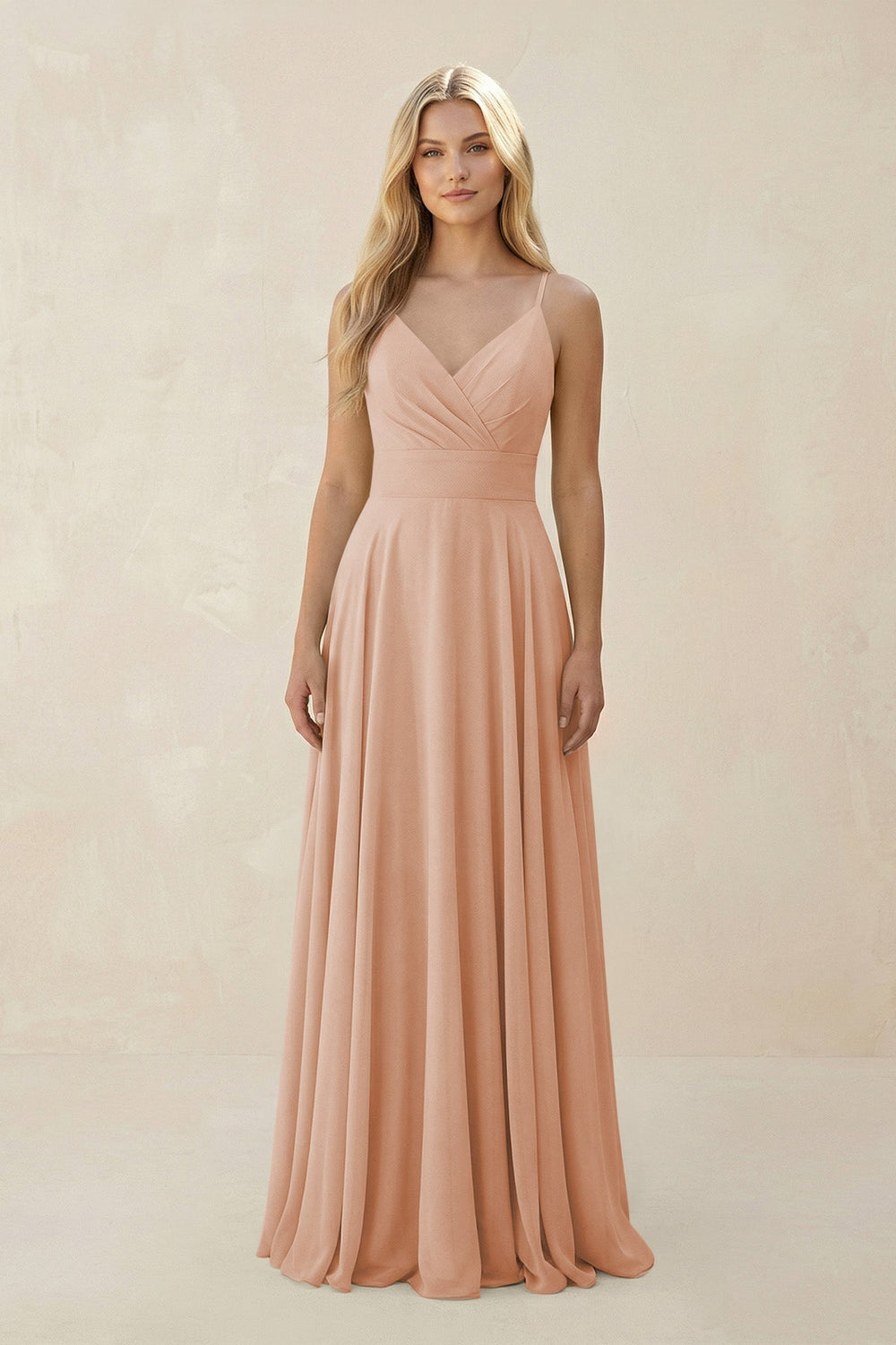 Spaghetti Strap A - Line Chiffon Bridesmaid Dress in Champagne Rose - KISS BRIDAL Bridesmaid Dresses