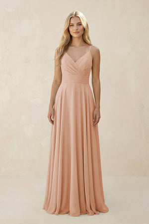 Spaghetti Strap A - Line Chiffon Bridesmaid Dress in Champagne Rose - KISS BRIDAL Bridesmaid Dresses