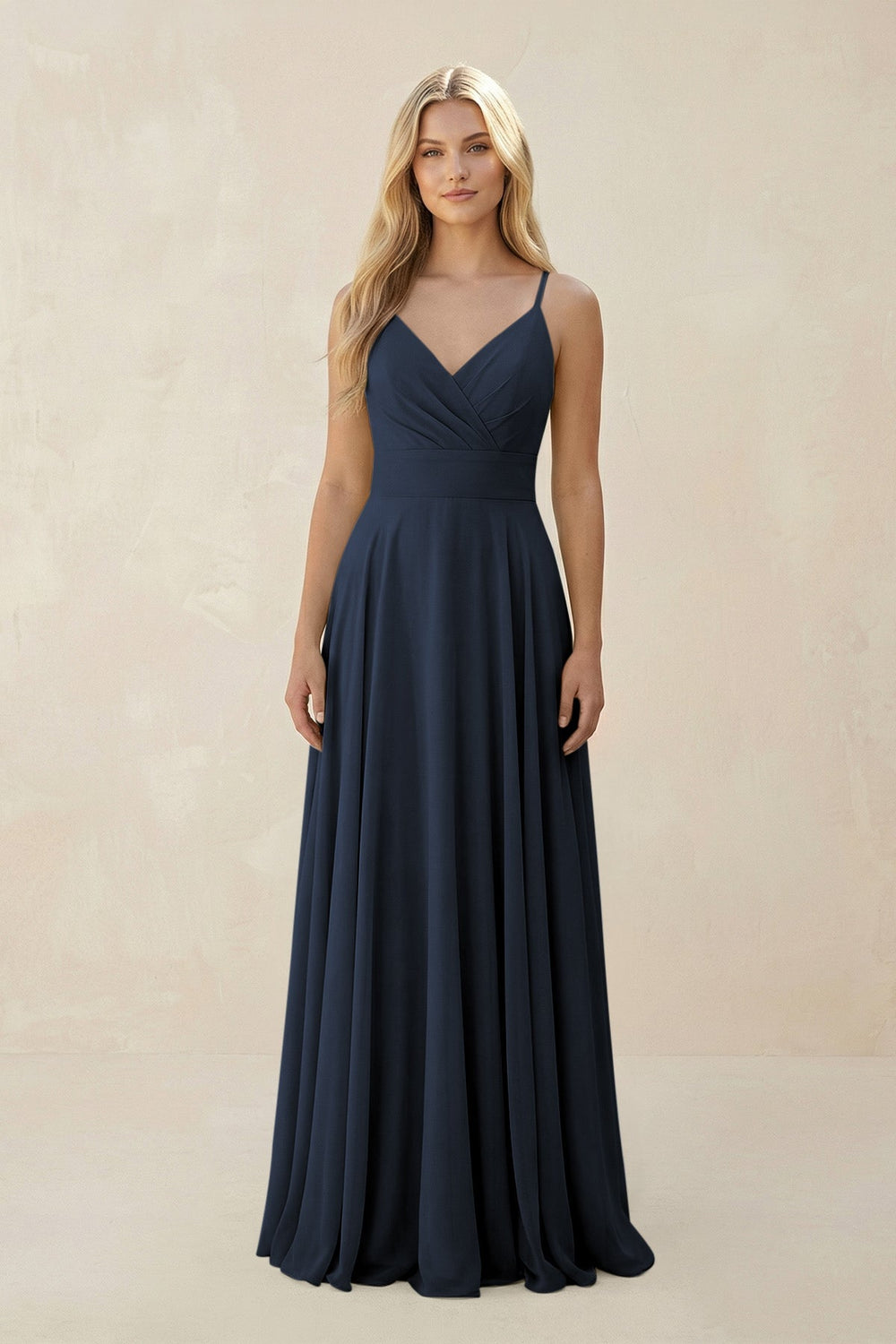 Spaghetti Strap A - Line Chiffon Bridesmaid Dress in Dark Navy - KISS BRIDAL Bridesmaid Dresses