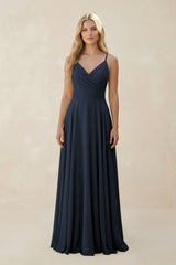 Spaghetti Strap A - Line Chiffon Bridesmaid Dress in Dark Navy - KISS BRIDAL Bridesmaid Dresses