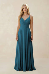 Spaghetti Strap A - Line Chiffon Bridesmaid Dress in Dark Teal - KISS BRIDAL Bridesmaid Dresses