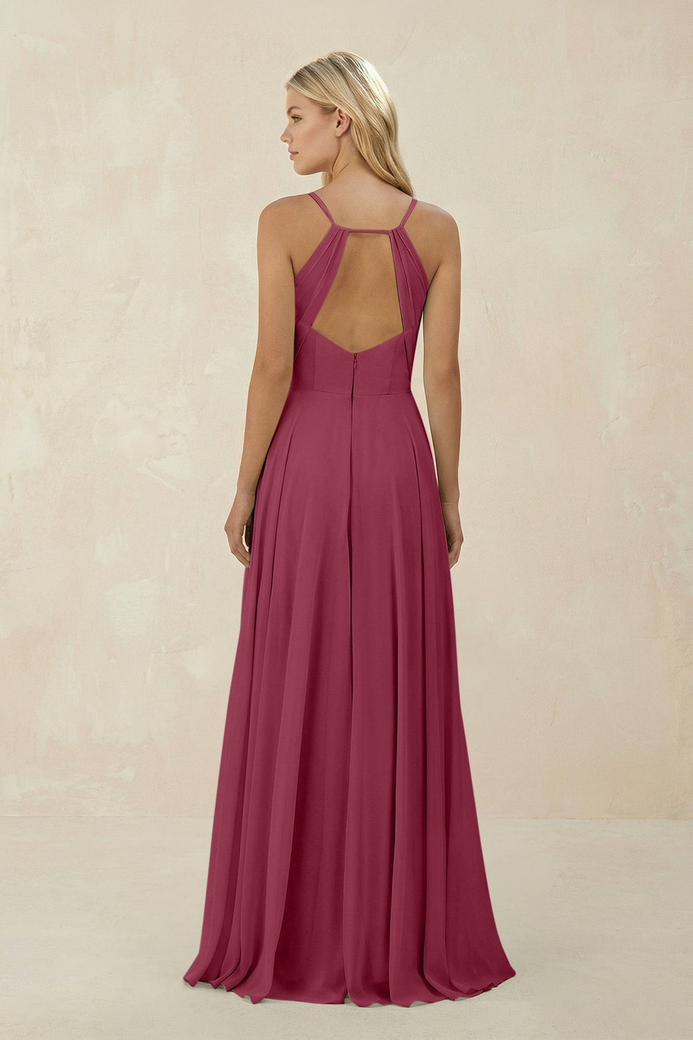 Spaghetti Strap A - Line Chiffon Bridesmaid Dress in Desert Rose - KISS BRIDAL Bridesmaid Dresses