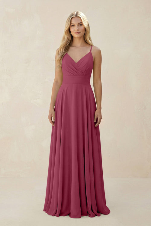 Spaghetti Strap A - Line Chiffon Bridesmaid Dress in Desert Rose - KISS BRIDAL Bridesmaid Dresses