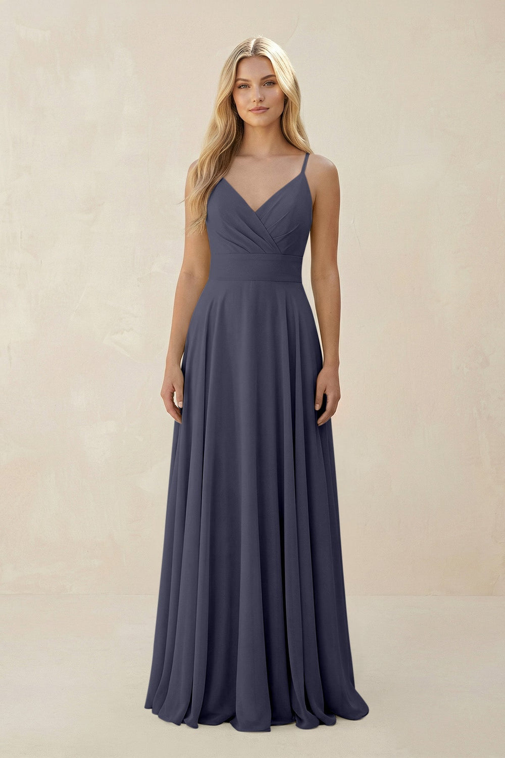 Spaghetti Strap A - Line Chiffon Bridesmaid Dress in Dusk Blue - KISS BRIDAL Bridesmaid Dresses