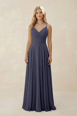 Spaghetti Strap A - Line Chiffon Bridesmaid Dress in Dusk Blue - KISS BRIDAL Bridesmaid Dresses