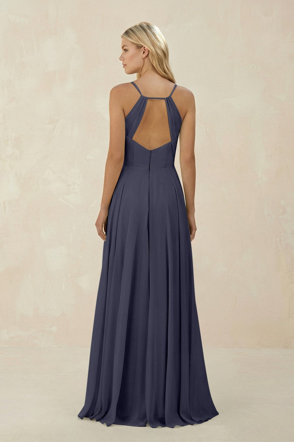 Spaghetti Strap A - Line Chiffon Bridesmaid Dress in Dusk Blue - KISS BRIDAL Bridesmaid Dresses