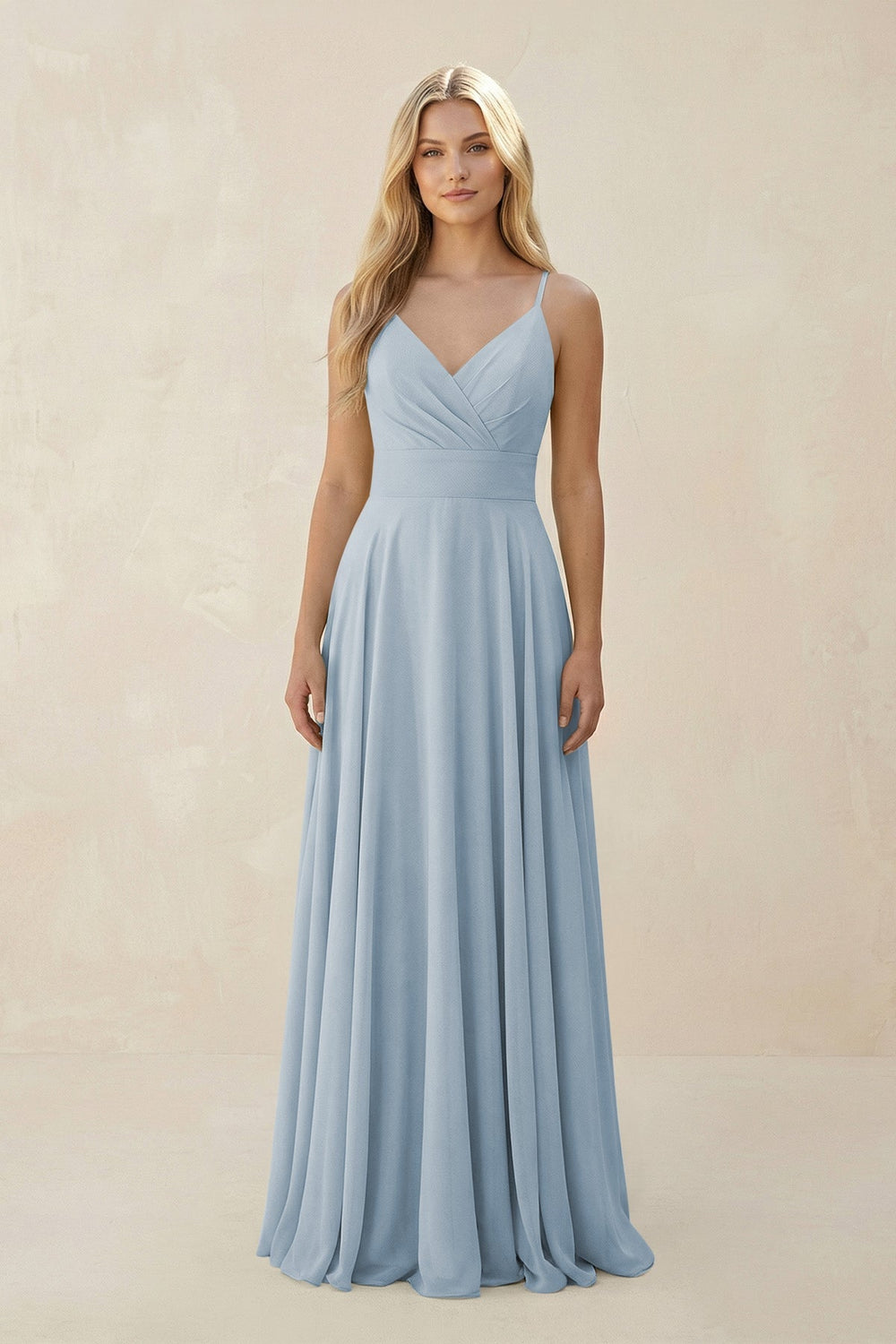Spaghetti Strap A - Line Chiffon Bridesmaid Dress in Dusty Blue - KISS BRIDAL Bridesmaid Dresses