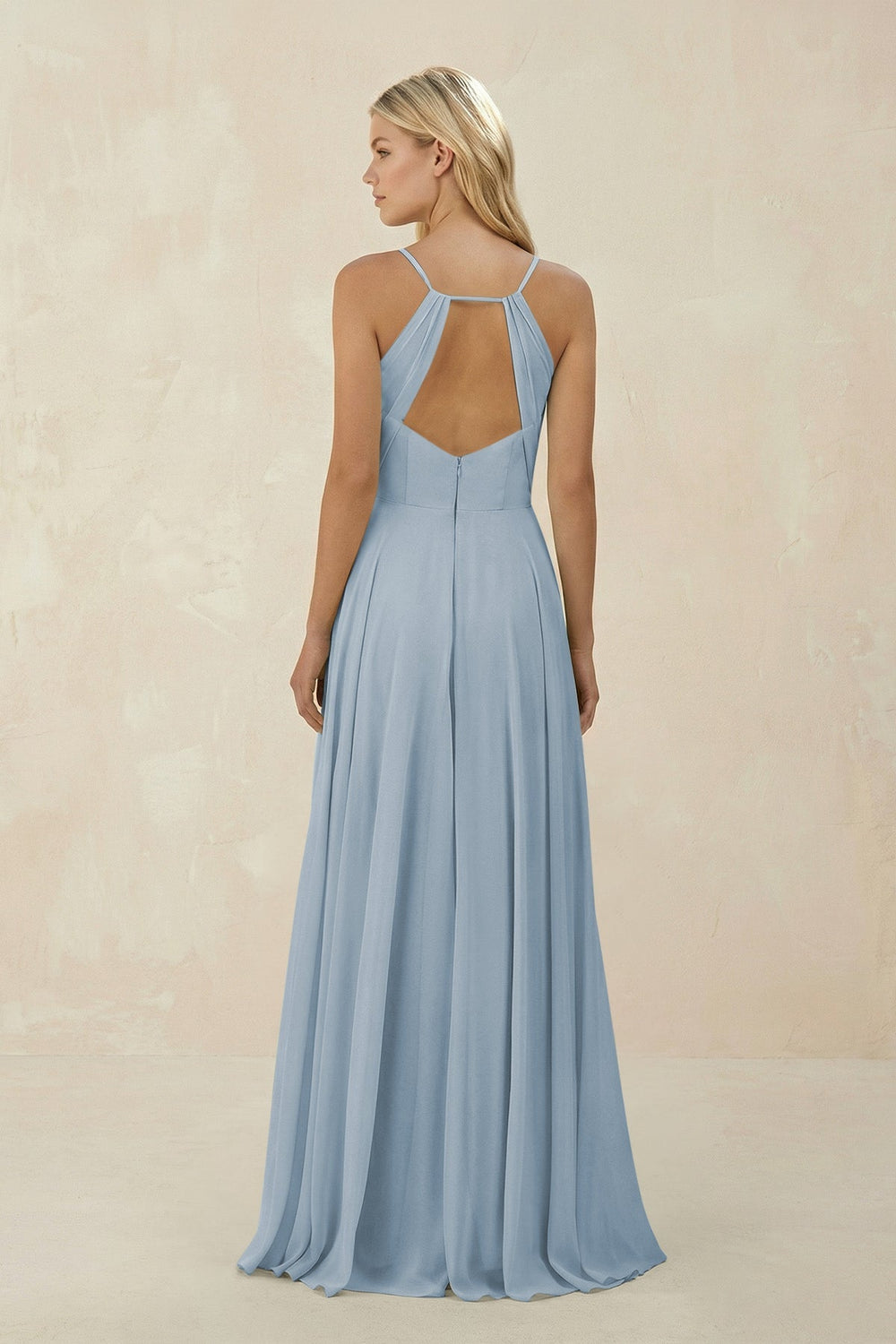 Spaghetti Strap A - Line Chiffon Bridesmaid Dress in Dusty Blue - KISS BRIDAL Bridesmaid Dresses
