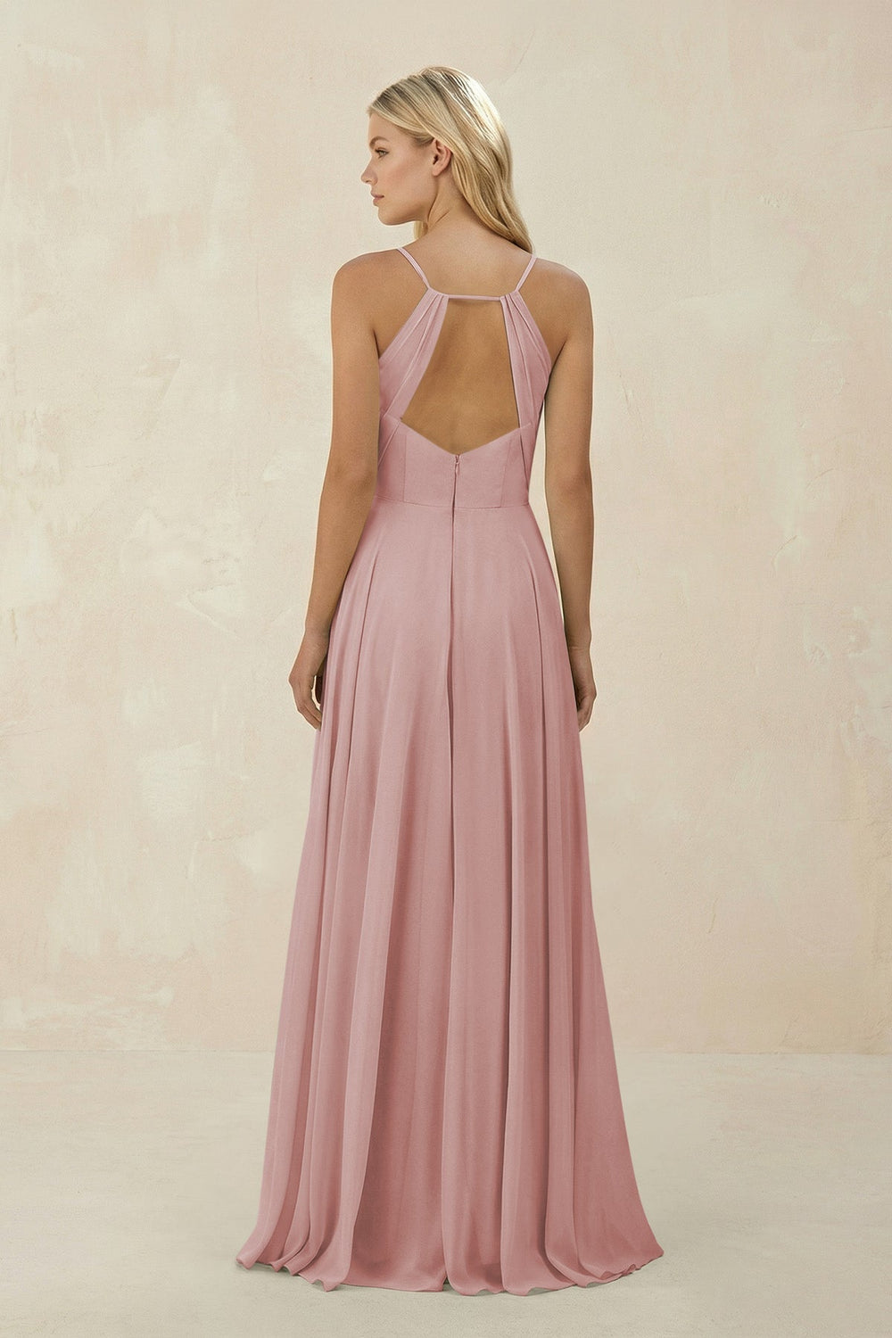 Spaghetti Strap A - Line Chiffon Bridesmaid Dress in Dusty Rose - KISS BRIDAL Bridesmaid Dresses
