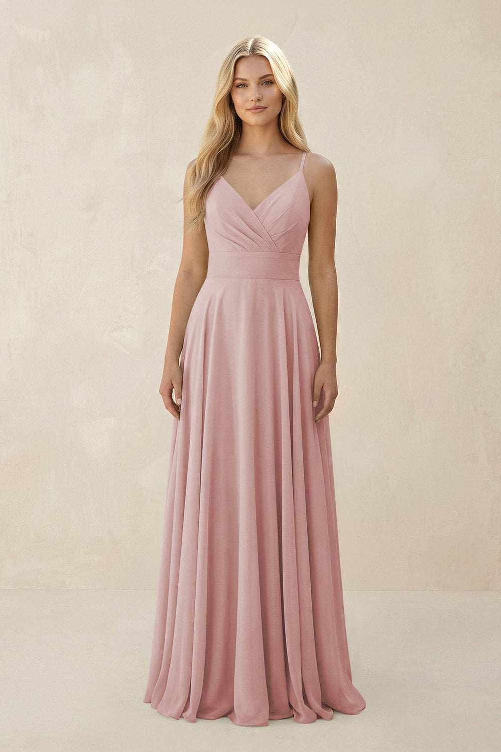 Spaghetti Strap A - Line Chiffon Bridesmaid Dress in Dusty Rose - KISS BRIDAL Bridesmaid Dresses