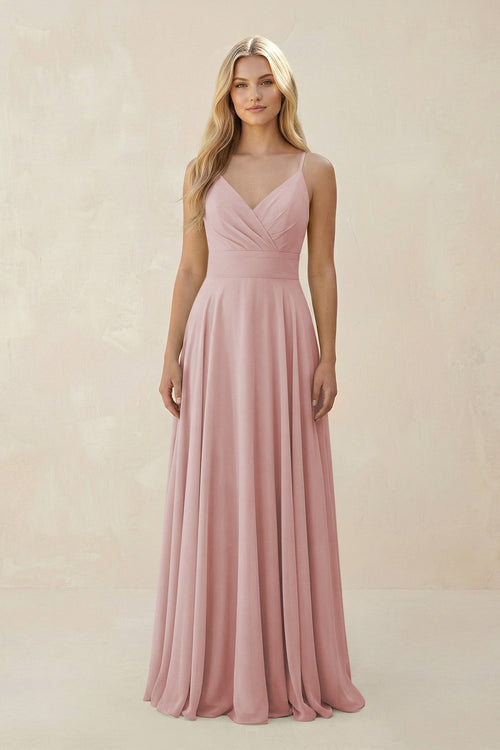 Spaghetti Strap A - Line Chiffon Bridesmaid Dress in Dusty Rose - KISS BRIDAL Bridesmaid Dresses