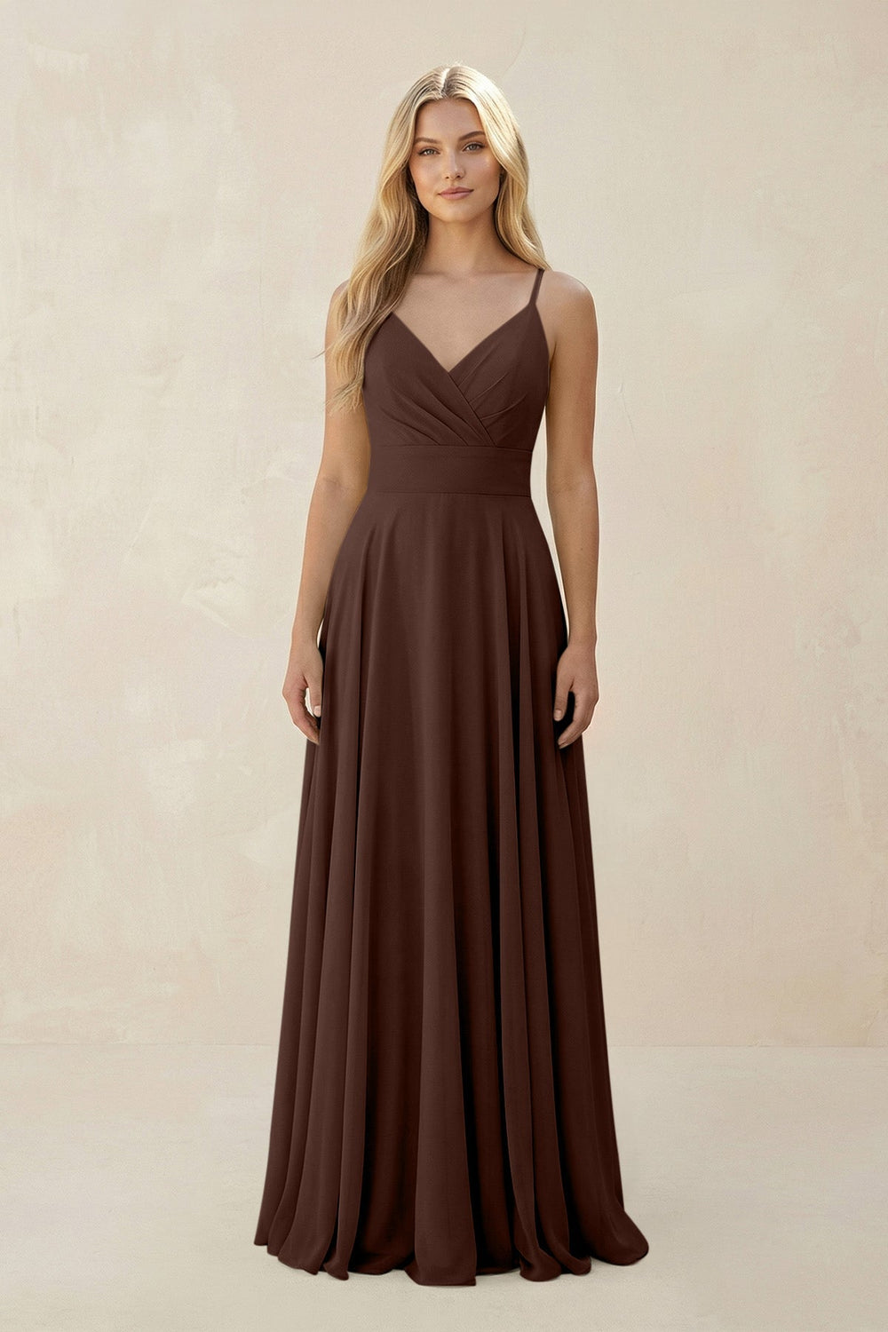 Spaghetti Strap A - Line Chiffon Bridesmaid Dress in Espresso - SHE IS ME Bridesmaid Dresses